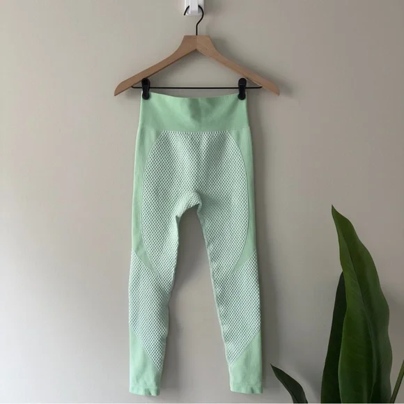 Mint Green Textured Women's Active Leggings Stretch Athletic Activewear Running - Picture 2 of 10